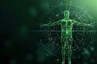 Digital hologram of male anatomy with glowing green wireframe body and circular geometric patterns on dark background. Medical visualization concept.