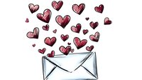 Hand drawn envelope with pink hearts floating above, romantic message concept on white background, isolated illustration for valentines cards and love letters.