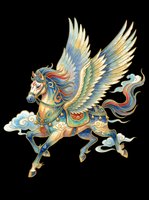 Ornate winged horse with gold and blue decorative armor, flowing mane and tail, isolated on transparent background. Ready for t-shirts, stickers, clipart, sublimation and print-on-demand designs.