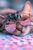 Sleeping cat wearing round pink sunglasses surrounded by pink heart confetti. Close-up portrait shows peaceful expression and whiskers against soft blue background.