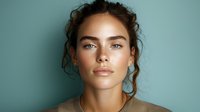 Young Caucasian woman with natural makeup, freckles and messy updo hairstyle looking directly at camera against turquoise background. Professional beauty portrait in minimal style.