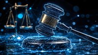 Glowing judge gavel and scales of justice on dark background with blue bokeh lights, representing law, justice system and legal proceedings in modern style.
