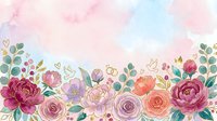 Watercolor floral border with pink peonies, roses, and lavender blooms arranged along bottom edge with green foliage and gold accents on soft pastel background.