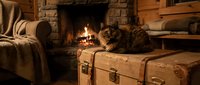 Fluffy tabby cat resting on a vintage trunk by a glowing fireplace in a cozy rustic log cabin interior.