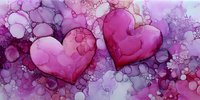 Two pink hearts floating in dreamy watercolor bubbles with romantic purple and magenta tones for Valentine's Day cards and love-themed designs.
