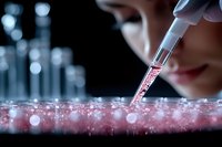 Female scientist using pipette to drop pink liquid sample into petri dish during laboratory research experiment with bokeh lights in background.