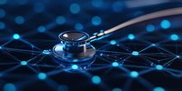 Medical stethoscope on digital network background with glowing blue nodes and connections, representing healthcare technology and digital medicine.