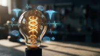 Glowing lightbulb with DNA helix filament surrounded by floating medical icons and digital healthcare symbols on modern background for innovation concepts.