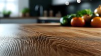 Rustic wooden kitchen counter surface with blurred fresh vegetables and modern interior in background, dramatic shallow depth of field perspective.