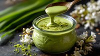 Green matcha dessert in glass jar with wooden spoon pouring creamy mixture, garnished with matcha powder, surrounded by white flowers and herbs.