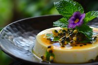 Creamy panna cotta dessert garnished with passion fruit sauce, fresh mint leaves and purple edible flower on textured gray plate, selective focus macro shot.