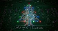 Digital circuit board Christmas tree with glowing LED lights and electronic pathways on green PCB background for holiday tech greeting cards.