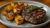 Juicy grilled beef steak with roasted butternut squash cubes and fresh rosemary served on gray ceramic plate, close up view of gourmet dinner preparation.