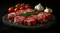 Fresh raw beef steaks seasoned with rosemary, sea salt and black pepper on dark stone board with cherry tomatoes and garlic cloves, dramatic food photography.
