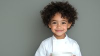 Mixed race child with curly hair wearing chef uniform and holding rolling pin smiles at camera against gray background. For cooking school or culinary education promotion.