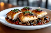 Juicy pan-seared chicken breasts with crispy golden skin, served on mushroom and herb sauce. Garnished with fresh parsley on white ceramic plate.