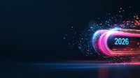 Futuristic light trail effect with glowing 2026 number emerging from dynamic motion blur streak, pink and blue neon colors against dark background with particle effects.