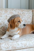 Elegant beagle dog wearing leopard print beret and pearl necklace sitting on floral armchair in luxurious living room interior for fashion pet photography.