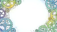 Colorful mechanical gears and cogs frame border on white background for engineering, technology and industrial design projects.