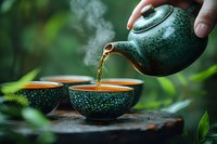 Tea ceremony pouring hot water from ceramic teapot into cups surrounded by green foliage, traditional Asian tea preparation and mindfulness ritual.