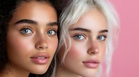 Young diverse women with natural makeup and glowing skin pose together against pink background, showcasing beauty and friendship in modern portrait.