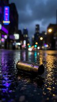 Spent bullet casing lies on wet urban street at night with neon-lit skyscrapers and colorful city lights reflecting on pavement, suitable for crime, noir, and urban storytelling projects.