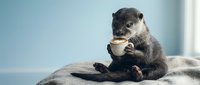 Adorable otter sitting on blanket holding white coffee cup in cozy indoor setting. Cute animal enjoying hot beverage for lifestyle and humor concepts.