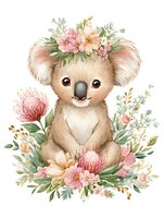 Sweet koala bear cub surrounded by pink and peach flowers, protea blooms, and eucalyptus leaves in soft watercolor style on white background, ready for nursery decor.