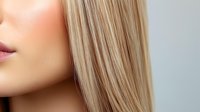 Close up of straight blonde hair and partial face showing smooth skin and pink lips against neutral background, highlighting hair texture and beauty details.