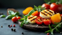 Grilled halloumi cheese with fresh cherry tomatoes, yellow bell peppers and herbs on dark stone board, selective focus with copy space for menu design.