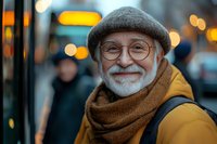 Cheerful elderly Caucasian man with gray beard wearing glasses, knit cap and yellow jacket smiling warmly on city street with blurred evening lights background.