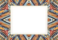 Ethnic tribal geometric frame with ornamental borders featuring warm earth tones and blue accents, isolated on white background, ready for design projects and custom layouts.