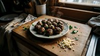 Homemade chocolate energy balls with nuts and seeds on rustic wooden cutting board in cozy kitchen setting for healthy snacking and meal prep.