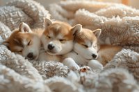 Three adorable red and white Shiba Inu puppies sleeping together nestled in soft white blankets, creating a cozy and heartwarming scene for pet and lifestyle content.