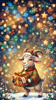 Cheerful goat character wearing festive sweater and Santa hat holding wrapped gift against magical bokeh background with snowflakes, ornaments and stars for holiday greeting cards and seasonal designs.