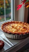Homemade golden-brown pie with flaky crust in ceramic baking dish on windowsill, natural window light creates cozy autumn atmosphere with red flowers adding seasonal accent.
