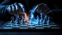 Glowing chess pieces on board with magical blue light effects and hands moving figures, dramatic dark background creates mysterious atmosphere for strategy concept.
