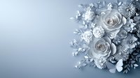 Elegant paper flowers arrangement in white and silver tones on gradient background. Delicate roses and small blossoms create romantic composition for wedding design.