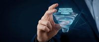 Marketing automation funnel concept with businessman pointing at glowing digital sales funnel on dark blue background for business strategy.