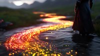 Mystical figure stands in shallow water with glowing orange and yellow light trails flowing around feet, creating magical ethereal effect against dark nature backdrop.