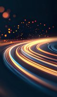 Glowing curved light trails with orange and blue streaks against dark background, floating bokeh particles create magical atmosphere for technology concepts.