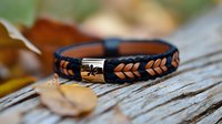 Handcrafted leather bracelet with braided pattern in navy blue and brown on rustic wooden surface with autumn leaves, featuring metal clasp detail.