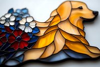 Running golden retriever dog with red and blue flowers in stained glass style on white background, decorative art piece for home decor and design projects.