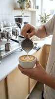 Professional barista pouring steamed milk creating latte art in white cup at modern coffee shop with espresso machine in bright cafe interior.