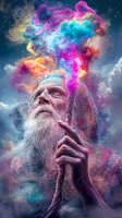 Elderly bearded man with mystical colorful smoke emerging from his head against cloudy sky background, representing wisdom, spirituality and enlightenment concept.