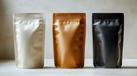 Three metallic stand up pouches in white, copper, and black colors arranged in row on neutral background, mockup for product packaging design.