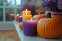 Cozy autumn windowsill with glowing purple and orange candles, fresh pumpkins and dried lavender creating seasonal home atmosphere. Perfect for fall decor.