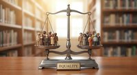 Bronze scales of justice with diverse miniature figures representing equality and balance in legal library setting with warm sunlight filtering through.