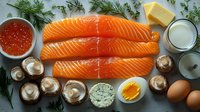 Fresh raw salmon fillets with red caviar, mushrooms, eggs, cream sauce and herbs arranged on dark background. Healthy cooking ingredients.