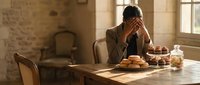 Stressed businessman holding head in hands at wooden table with breakfast pastries in rustic kitchen interior with stone walls and warm natural lighting.